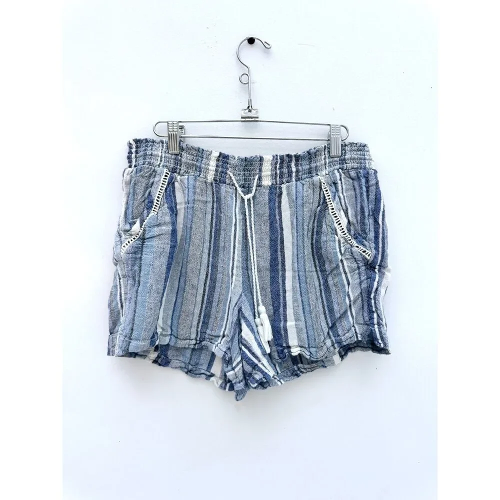 Briggs New York Blue White Striped Linen Blend Drawstring Shorts Size M